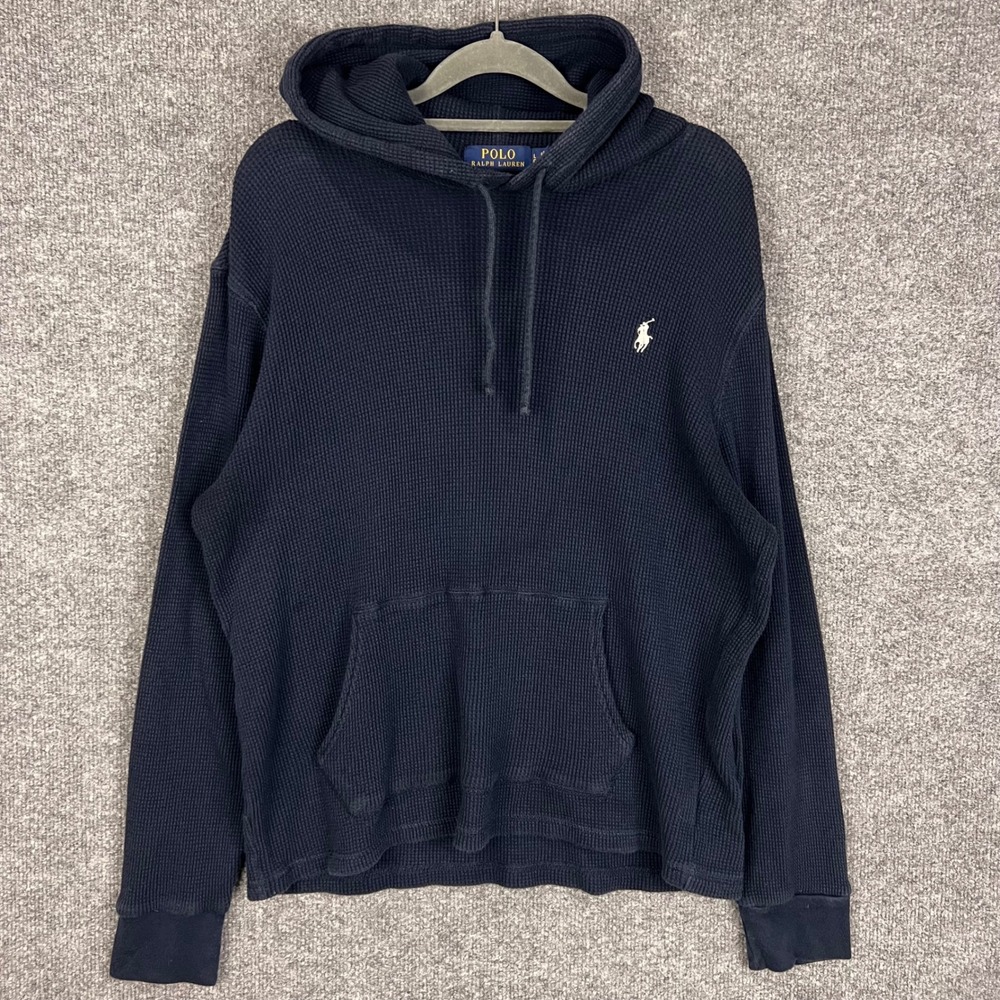 Polo Ralph Lauren Waffle Knit Hoodie Mens L Navy Blue Good Thermal Pullover